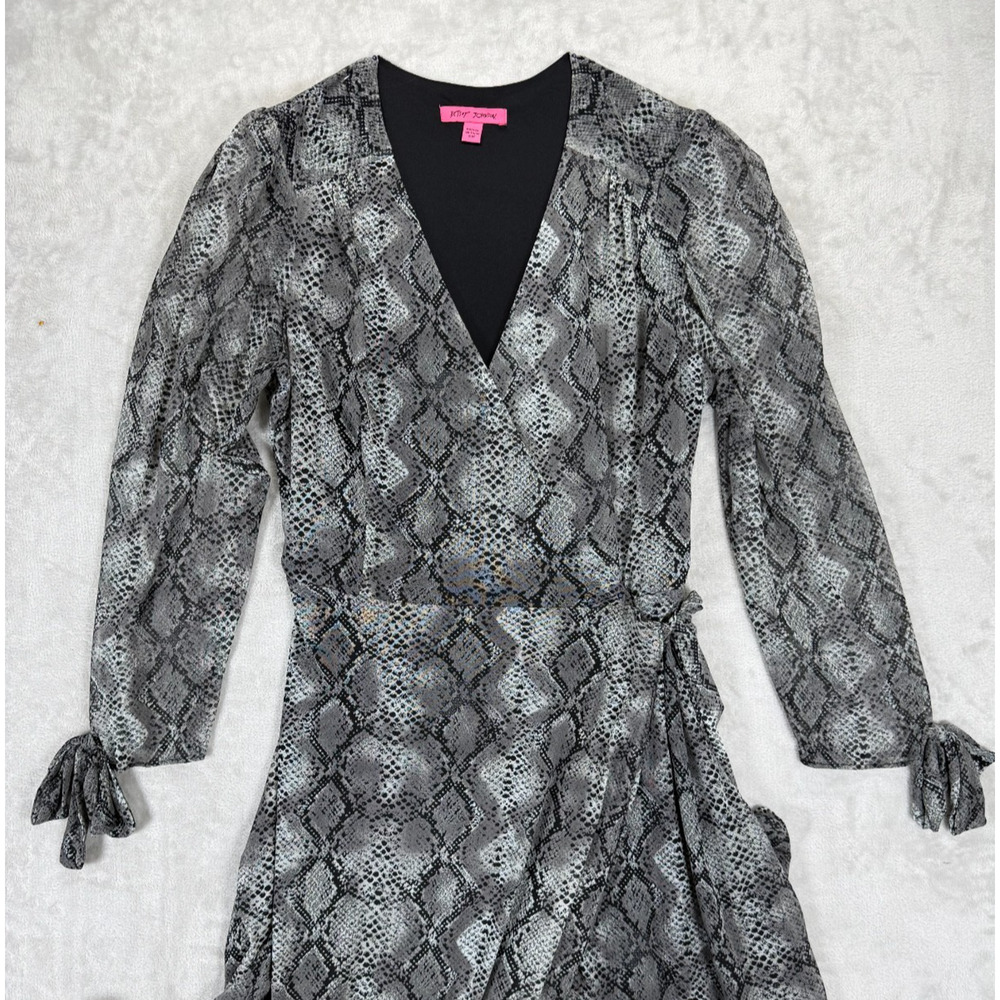 Betsey Johnson Snake Print Wrap Dress 16W Gray Black Hi Low Ruffle Hem Sheer - Picture 3 of 9